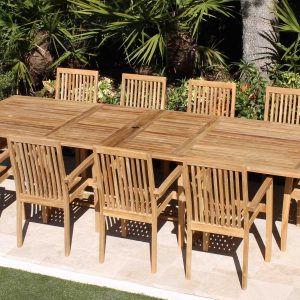 Teak 120in Rectangular Extending Table & 10 Hampton Chairs Set