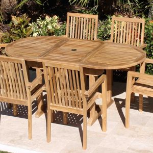 OUTLET CLEARANCE - Teak 67in Oval Extending Table & 6 Hampton Chairs Set Plus Free Cushion Pad