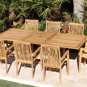 OUTLET CLEARANCE - Teak 95in Rectangular Extending Table & Hampton Armchairs Set Plus Free Cushion Pads