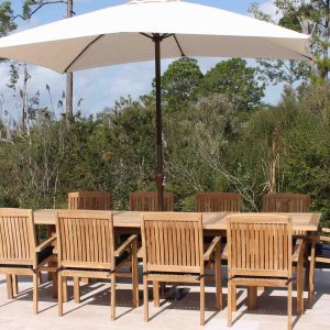 READY TO SHIP SET: Teak 120in Rectangular Extending Table & Pacific 10 Armchairs Set Plus Free Cushion Pads & 9ft Umbrella