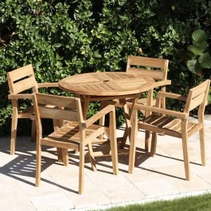 36in Round Folding Table & 4 Malibu Chair Teak Set Plus Free Cushion Pads