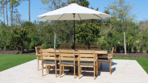 95in Rectangular Double Extension Table with South Beach with Cushions with Umbrella