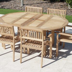 Teak 71in Round Extending Table & 6 Cove Chairs Set