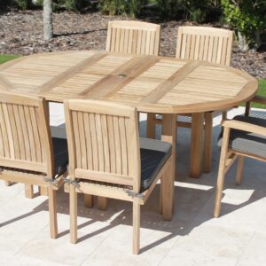 Teak 71in Round Extending Table & 6 Pacific Chairs Set Plus Free Cushion Pads