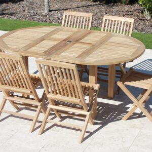 Teak 71in Round Extending Table & 6 Plymouth Chairs Set Plus Free Cushion Pads