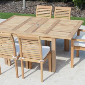 READY TO SHIP SET: Teak 71in Square Extending Table & 6 Atlantic Chairs Set Plus Free Cushion Pads & 9ft Umbrella