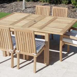 Teak 71in Square Extending Table & 6 Hudson Chairs Set Plus Free Cushion Pads