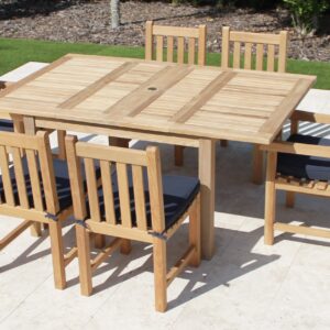 Teak 71in Square Extending Table & 6 Java Classic Chairs Set Plus Free Cushion Pads & 9ft Umbrella