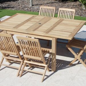 Teak 71in Square Extending Table & 6 Plymouth Chairs Set Plus Free Cushion Pads