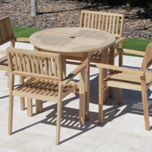 Teak 36in Round Table & 4 Cove Armchairs Set