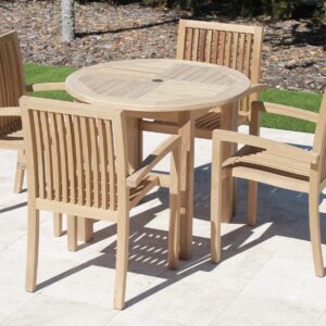 Teak 36in Round Table & 4 Hampton Armchairs Set
