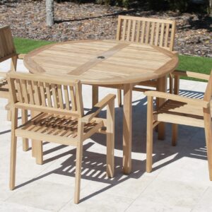 Teak 48in Round Table & 4 Cove Armchairs Set