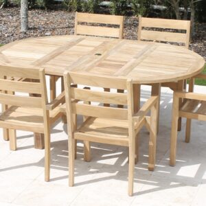 Teak 71in Round Extending Table & South Beach Armchairs