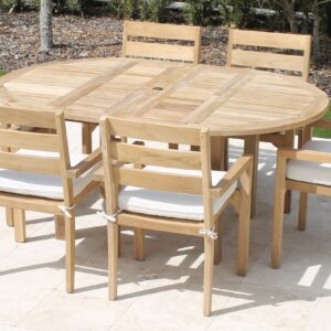 Teak 71in Round Extending Table & South Beach Armchairs Plus Free Cushion Pads