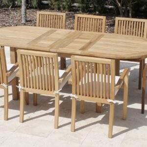 Teak 95in Oval Extending Table & Hampton Armchairs Set Plus Free Cushion Pads