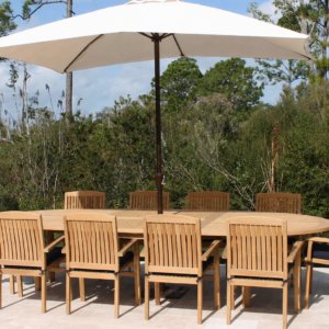 READY TO SHIP SET: Teak 120in Oval Extending Table & Pacific Chairs Set Plus Free Cushion Pads & 9ft Umbrella