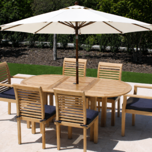 READY TO SHIP SET: Teak 67in Oval Extending Table & 6 Atlantic Chairs Set Plus Free Cushion Pads & 9ft Umbrella