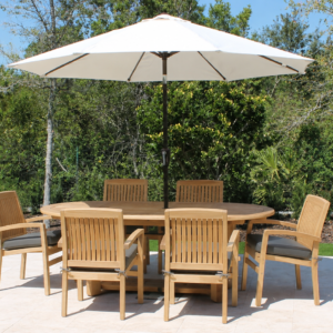 READY TO SHIP SET: Teak 67in Oval Extending Table & Pacific Chairs Set Plus  Free Cushion Pads & 9ft Umbrella
