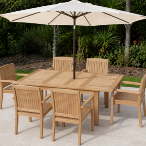 READY TO SHIP SET: Teak 71in Square Extending Table & 6 Pacific Armchairs Set Plus Free Cushion Pads & 9ft Umbrella